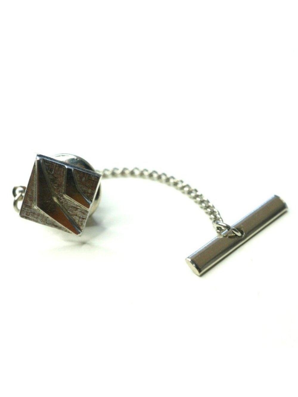 Vintage Geometric Square Silver-Tone Tie Tack & Chain Bar Clasp